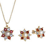 Cultured Pearl and Red Crystal Necklace and Earring Set